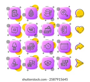 Calendar, Timer and Search text line icons. App 3d buttons. Social media comment, share, like icons. Pack of Quickstart guide, Recruitment, Artificial colors icon. Vector