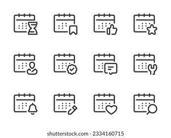 Calendar, Timetable and Date vector line icons. Schedule, Event and Appointment outline icon set.