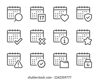 Calendar and Timetable line icons. Date, Calendar settings and Schedule preferences vector outline icon set.