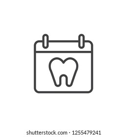 Calendar with tooth outline icon. linear style sign for mobile concept and web design. Dental appointment simple line vector icon. Dentist reception day symbol, logo illustration. Pixel perfect vector