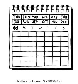 Calendar tracker with hand drawn text and doodle style. School diary. Office stationery notebook on isolate background.