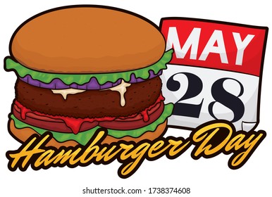 Calendar and traditional delicious burger with red onion, tomato, ketchup, mayonnaise, lettuce and big piece of meat ready to celebrate Hamburger Day in May 28.