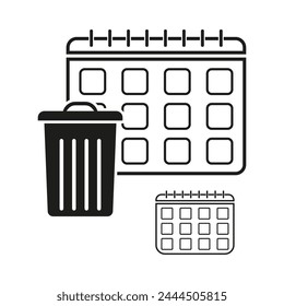 Calendar and trash can icon set. Scheduling and delete concept. Waste management symbol. Vector illustration. EPS 10