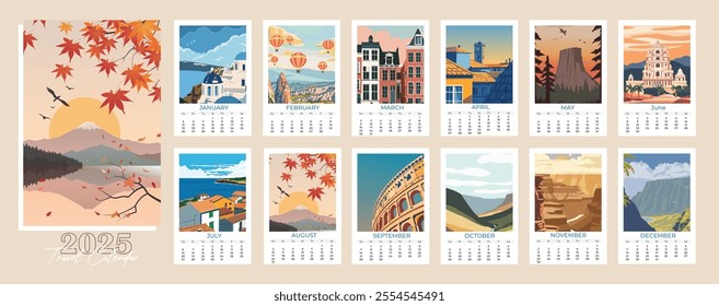 Calendar travel poster 2025, Hand-drawn vector illustration. Vintage travel poster. Wall art and print set for hikers, campers, and stylish living room decor.