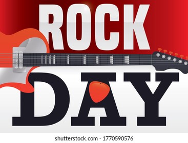 Calendar with traverse electric guitar and plectrum in the letter 'A', announcing Rock Day celebration.