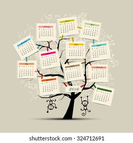 Calendar tree design 2016 with monkey symbol of year. Vector illustration