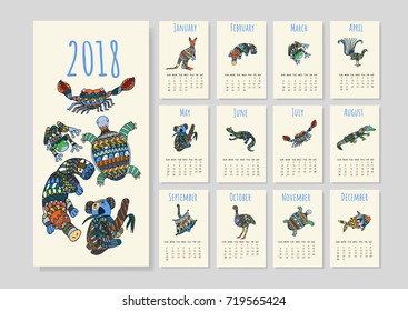 Calendar with tribal australian animals for year 2018. New calendar with cute colorful australian animals.