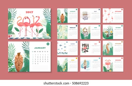 Calendar with the tropics. Calendar flamingo in 2017. Week starts on Monday. Summer calendar with tropical leaves and animals.