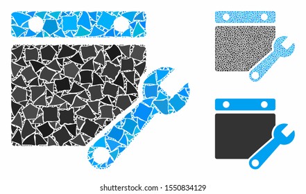 Calendar tuning mosaic of uneven pieces in different sizes and color tints, based on calendar tuning icon. Vector irregular pieces are united into collage.