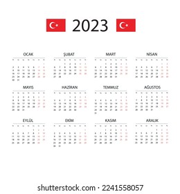 Calendar in Turkish for 2023. The week starts from Monday. Vector illustration