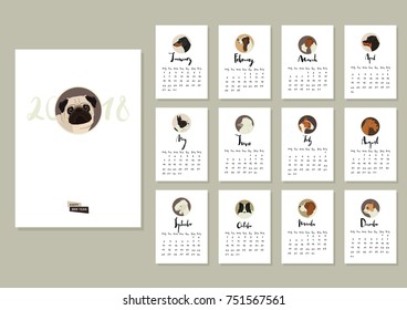 Calendar with twelve different dogs Cover with Pug dog