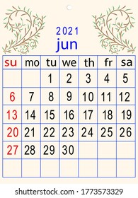 calendar two thousand twenty one month of June
