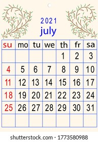 calendar two thousand twenty one month of July