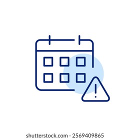 Calendar and urgent notice. Important event or deadline alert. Exclamation mark in triangle hazard symbol. Pixel perfect, editable stroke icon