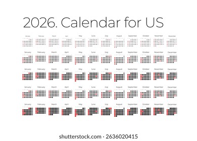 Calendar for the USA for 2026. With Sunday at the beginning of the week. Vector