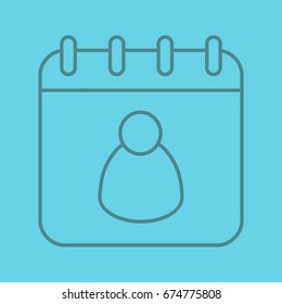 Calendar user linear icon. Calendar page with man. Thin line outline symbols on color background. Vector illustration