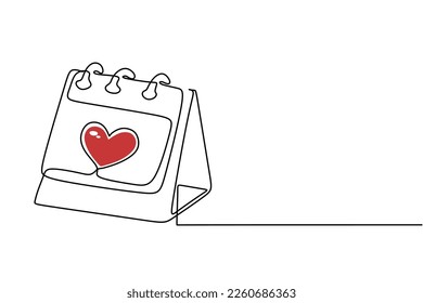 calendar valentine day continuous line drawing. One line art of calendar, memorable date, countdown, holiday, weekday and weekend. vector illustration