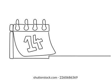 calendar valentine day continuous line drawing. One line art of calendar, memorable date, countdown, holiday, weekday and weekend. vector illustration