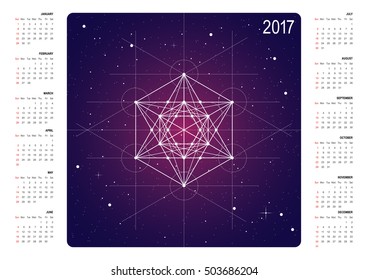 Calendar, a vector 2017 new year calendar design with space and metatrons cube