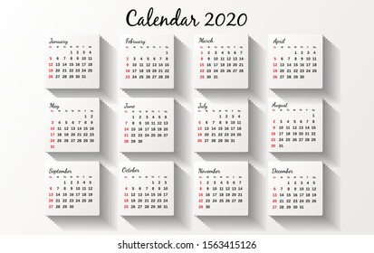 calendar vector design template for Year 2020, simple and clean design, Calendar 2020 for organizations and businesses, starting Sunday