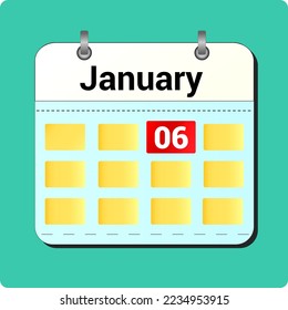 dibujo vectorial de calendario, fecha 6 de enero en la página