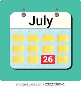 dibujo vectorial de calendario, fecha 26 de julio en la página