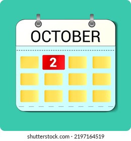dibujo vectorial de calendario, fecha 2 de octubre en la página