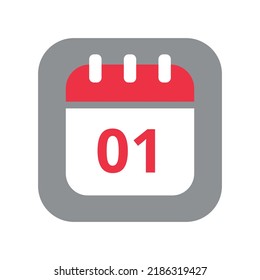 Calendar vector flat icon. Simple calendar vector illustration with date 01.