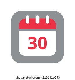 Calendar vector flat icon. Simple calendar vector illustration with date 30.