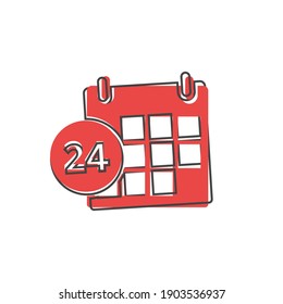 Calendar vector icon with 24 hour on cartoon style on white isolated background.