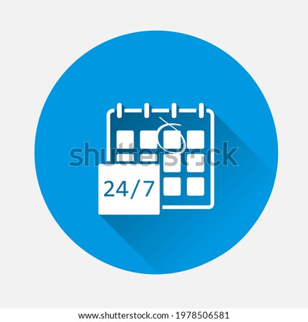 Calendar vector icon with 24 hour on blue background. Flat image with long shadow.