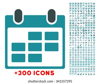 Calendar vector icon with additional 300 date and time management pictograms. Style is bicolor flat symbols, soft blue colors, rounded angles, white background.