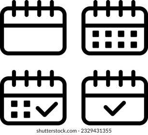 Kalender, Vektorsymbol. Kalender, Kalender mit einem Häkchen, schwarze Umrisse auf weißem Hintergrund.