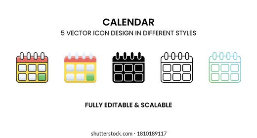 Calendar vector icon in colored outline, flat, glyph, line and gradient