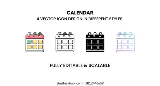 Calendar vector icon in colored outline, flat, glyph, line and gradient