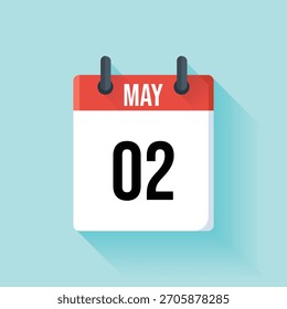 Calendar vector icon displays the date May 02nd. The icon features red and white colors and is placed against a bright, light blue backdrop.