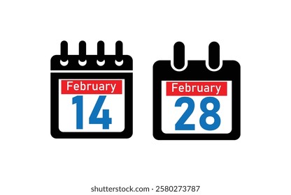 Calendar vector icon featuring February 14th and 28th.