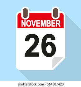 Calendar vector icon, flat style, November 26th