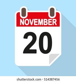 Calendar vector icon, flat style, November 20th