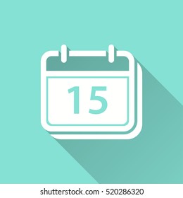 Calendar vector icon with long shadow. White illustration isolated on green background for graphic and web design.