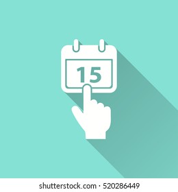 Calendar vector icon with long shadow. White illustration isolated on green background for graphic and web design.