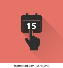 Calendar vector icon with long shadow. Illustration isolated on red background for graphic and web design.