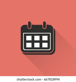Calendar vector icon with long shadow. Illustration isolated on red background for graphic and web design.