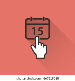 Calendar vector icon with long shadow. Illustration isolated on red background for graphic and web design.