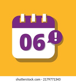 Calendar vector icon in purple and yellow, 3D perspective illustration of specific day schedule marking day 06.