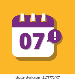 Calendar vector icon in purple and yellow, 3D perspective illustration of specific day schedule marking day 07.