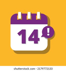 Kalender-Vektorsymbol in violett und gelb, 3D-Perspektive-Illustration eines bestimmten Tages-Zeitplan Markierung Tag 14.