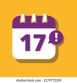 Calendar vector icon in purple and yellow, 3D perspective illustration of specific day schedule marking day 17.