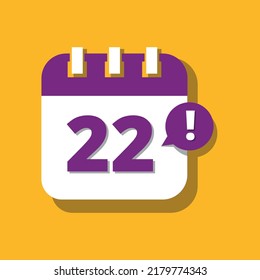Icono vectorial de calendario en morado y amarillo, Ilustración de perspectiva 3D de la programación de días específica marcando el día 22.