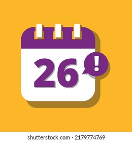 Calendar vector icon in purple and yellow, 3D perspective illustration of specific day schedule marking day 26.